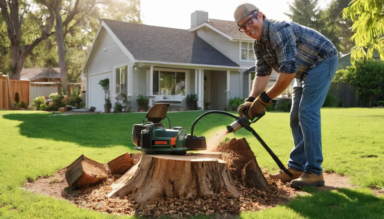 Provider operating a stump grinder in a residential backyard in Lake Zurich